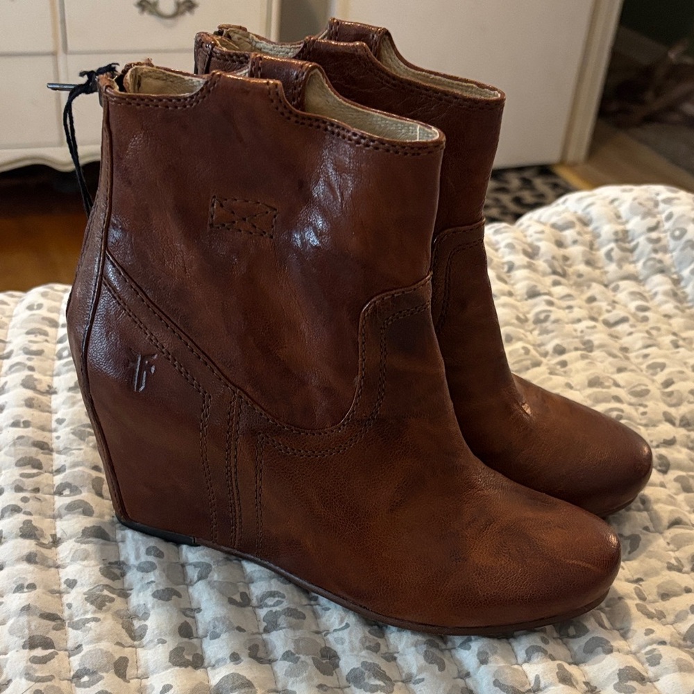 Frye Chestnut Leather Wedge Ankle Booties